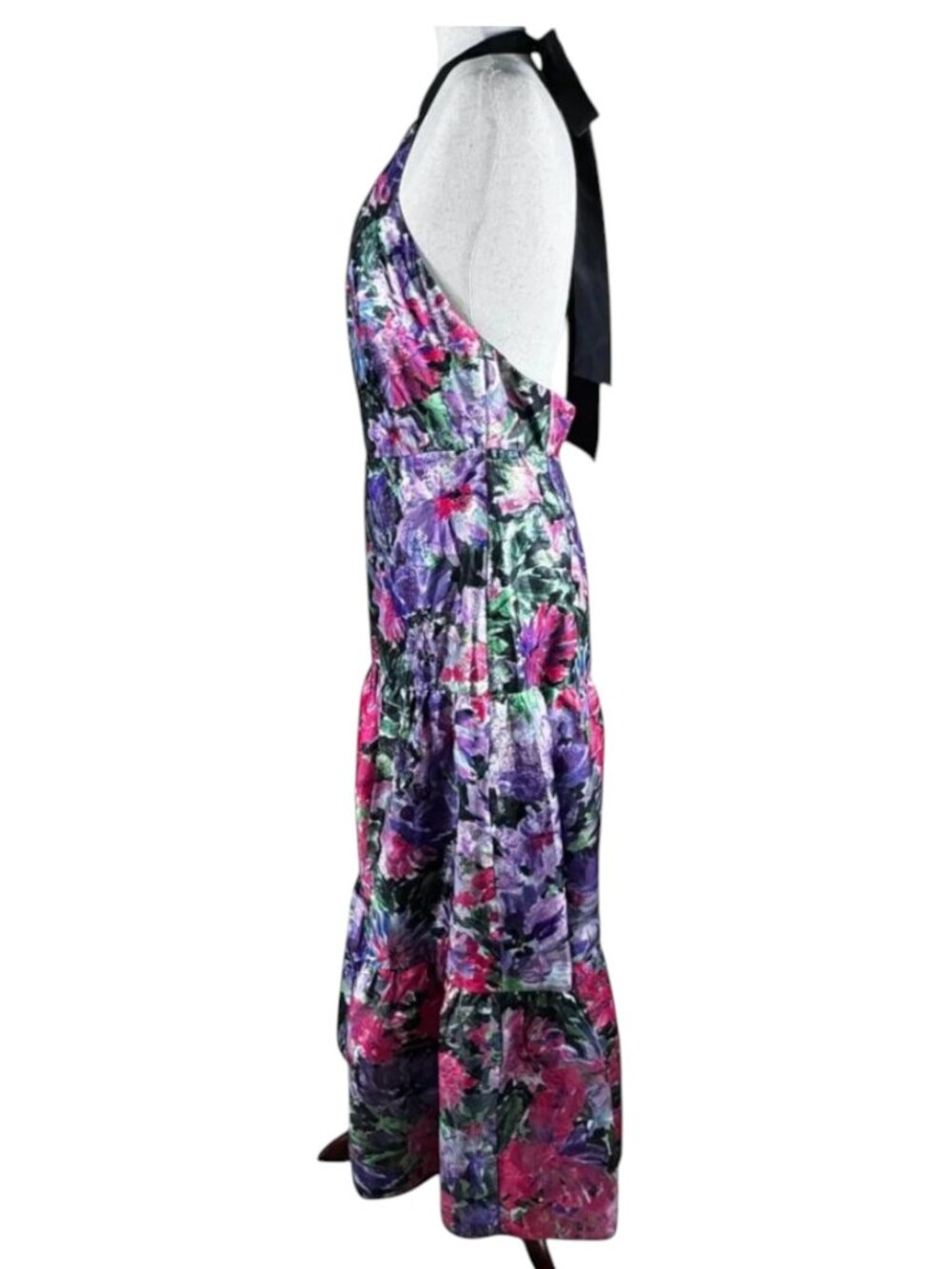 Milly New York Hayden Floral Metallic Halter Dress Open Back Tiered Size 8 - Picture 6 of 16